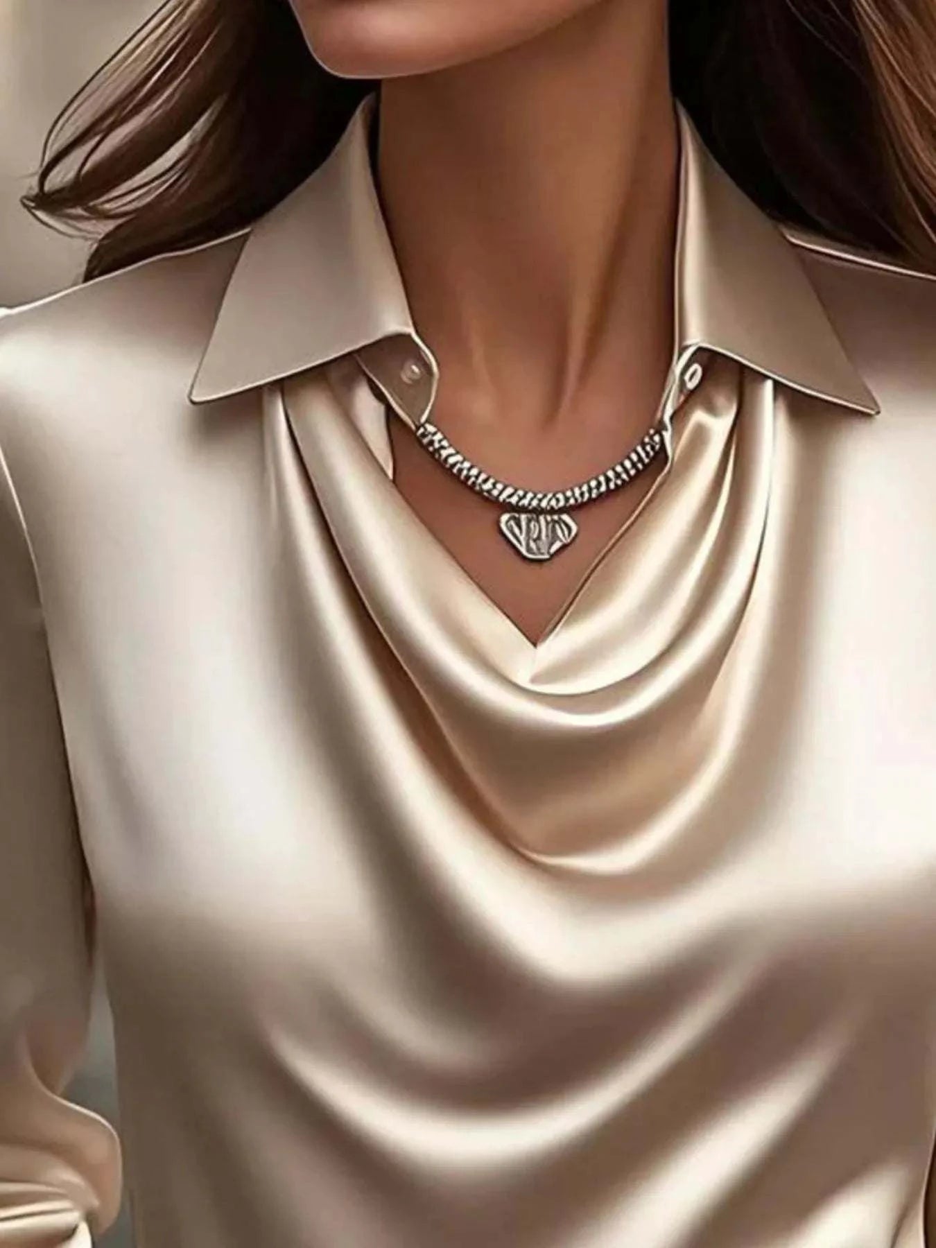 Full Size Satin Cowl Neck Long Sleeve Blouse Plus Size.