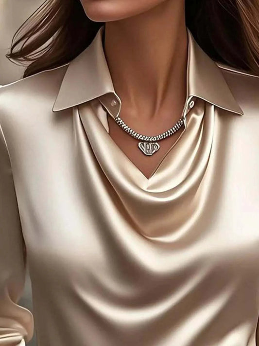 Full Size Satin Cowl Neck Long Sleeve Blouse Plus Size.