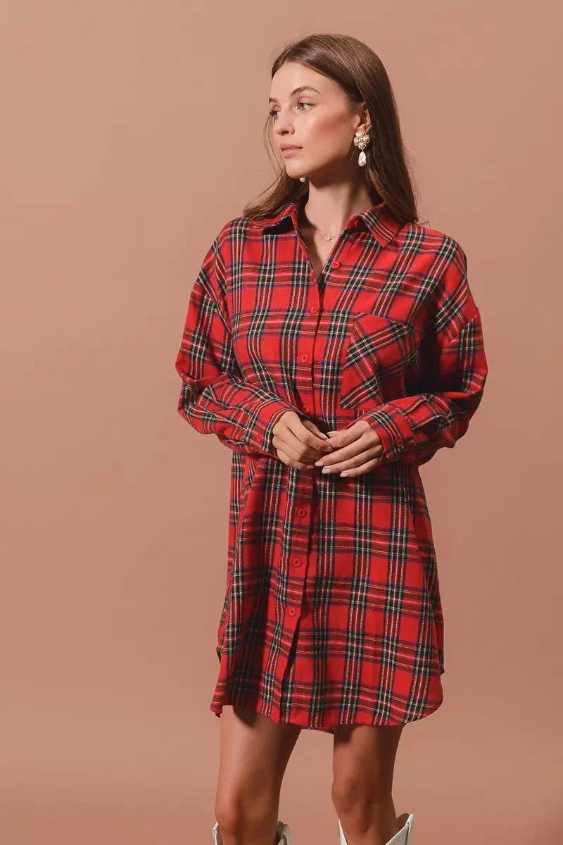 SO ME Christmas Checker Plaid Button Up Shirt DressThis Red Plaid Oversized Shirt Dress is a stylish and comfortable choice for any occasion. Made from a soft and breathable fabric, this dress features a classic plaiChristmas Checker Plaid