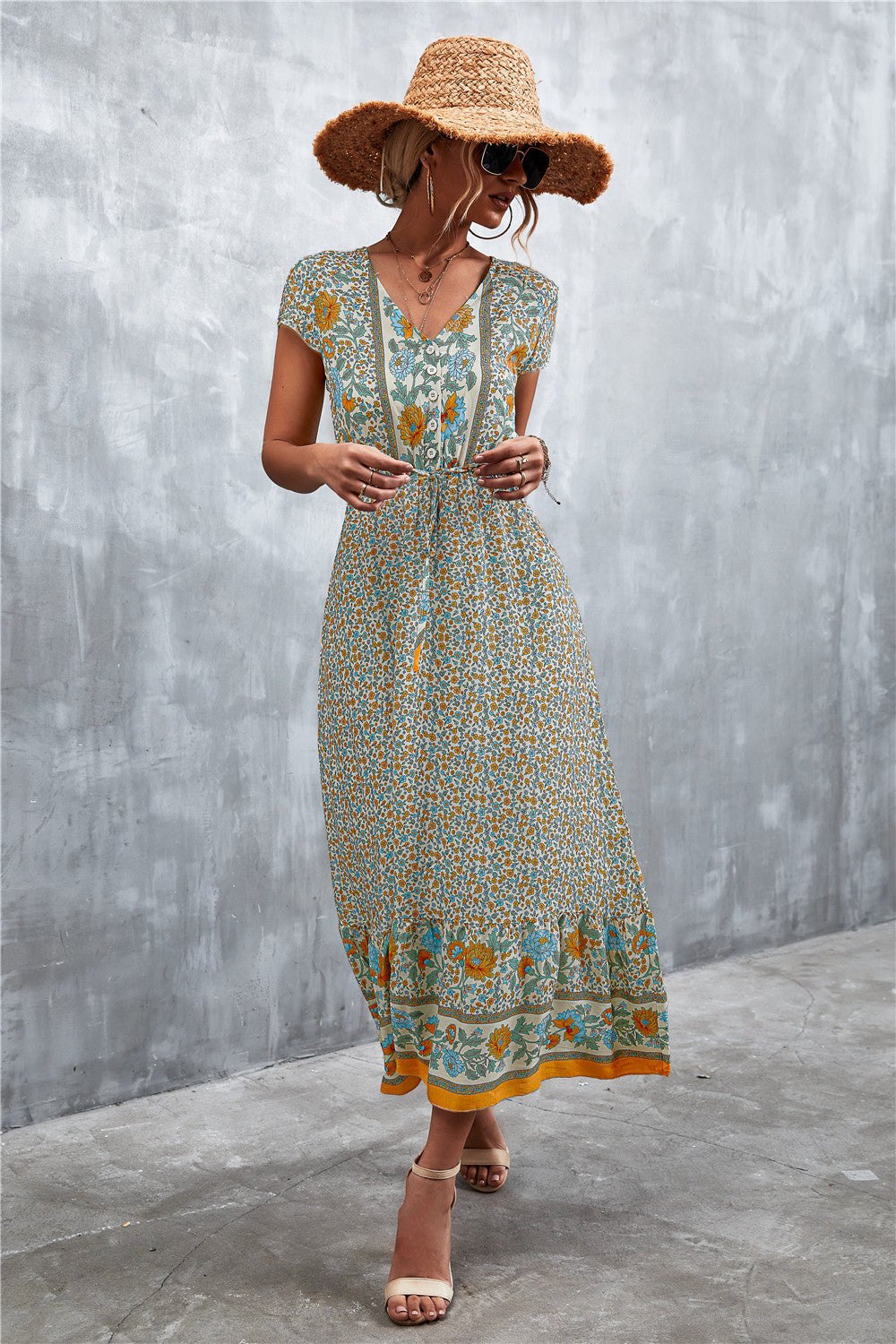 Bohemian Maxi Dress for Women: V-Neck Short Sleeve Printed Maxi Dress.