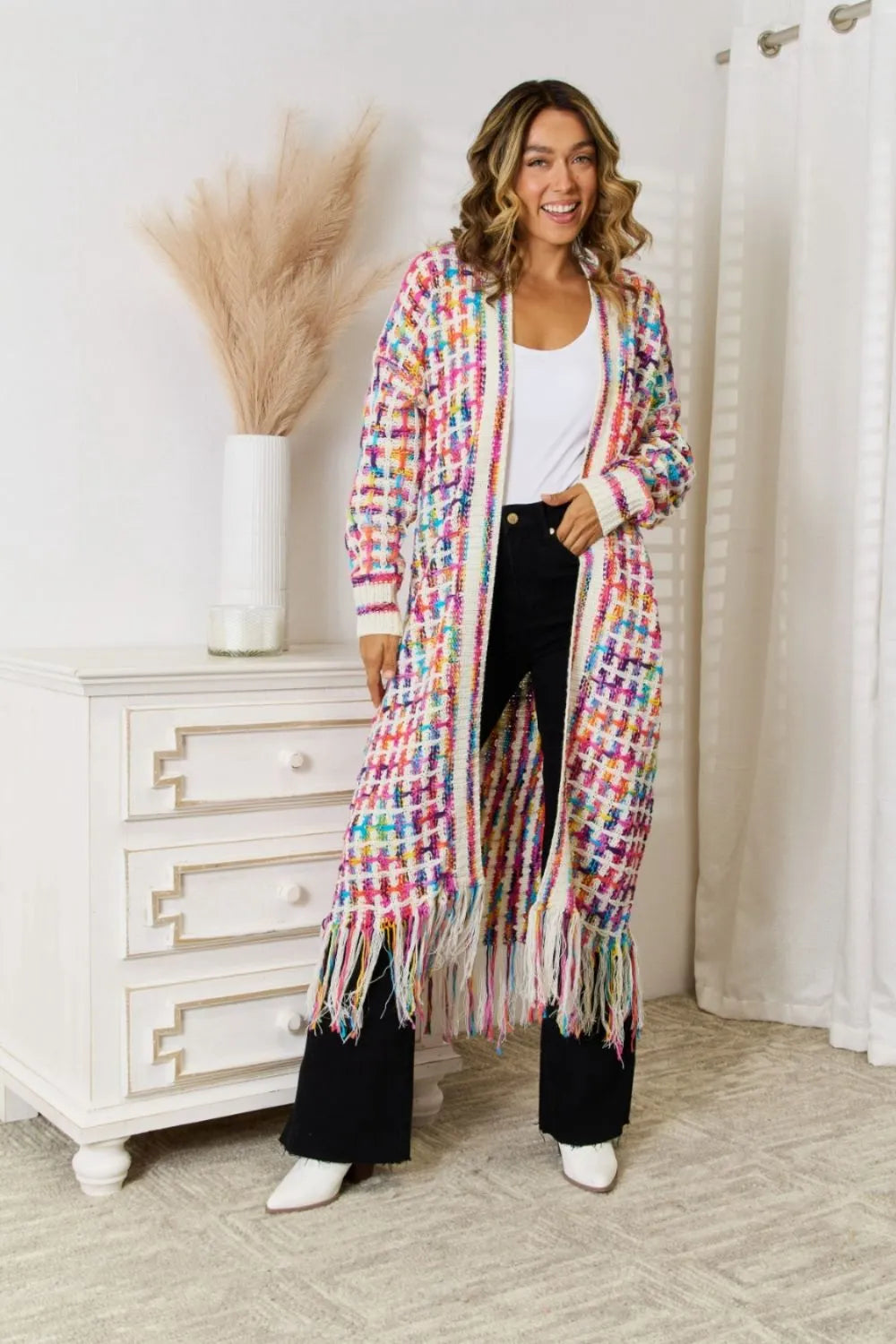 Angel Wings Full Size Multicolored Open Front Fringe Hem Cardigan.
