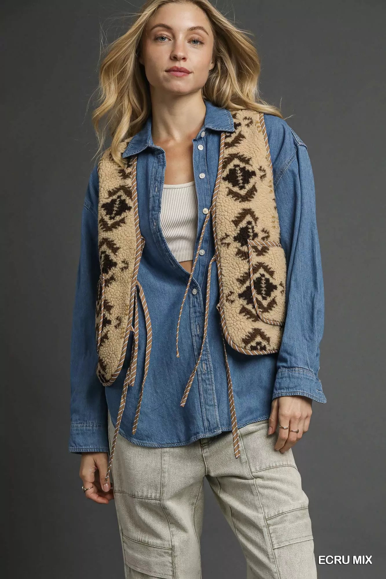 Umgee Mix Patterned Sherpa Tie-Front Vest.
