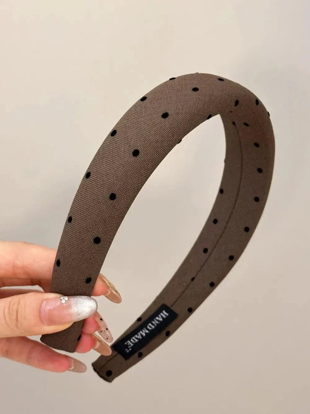 Polka dot polyester wide headband with black dots on brown fabric, 1.2 inch wide, lightweight accessory