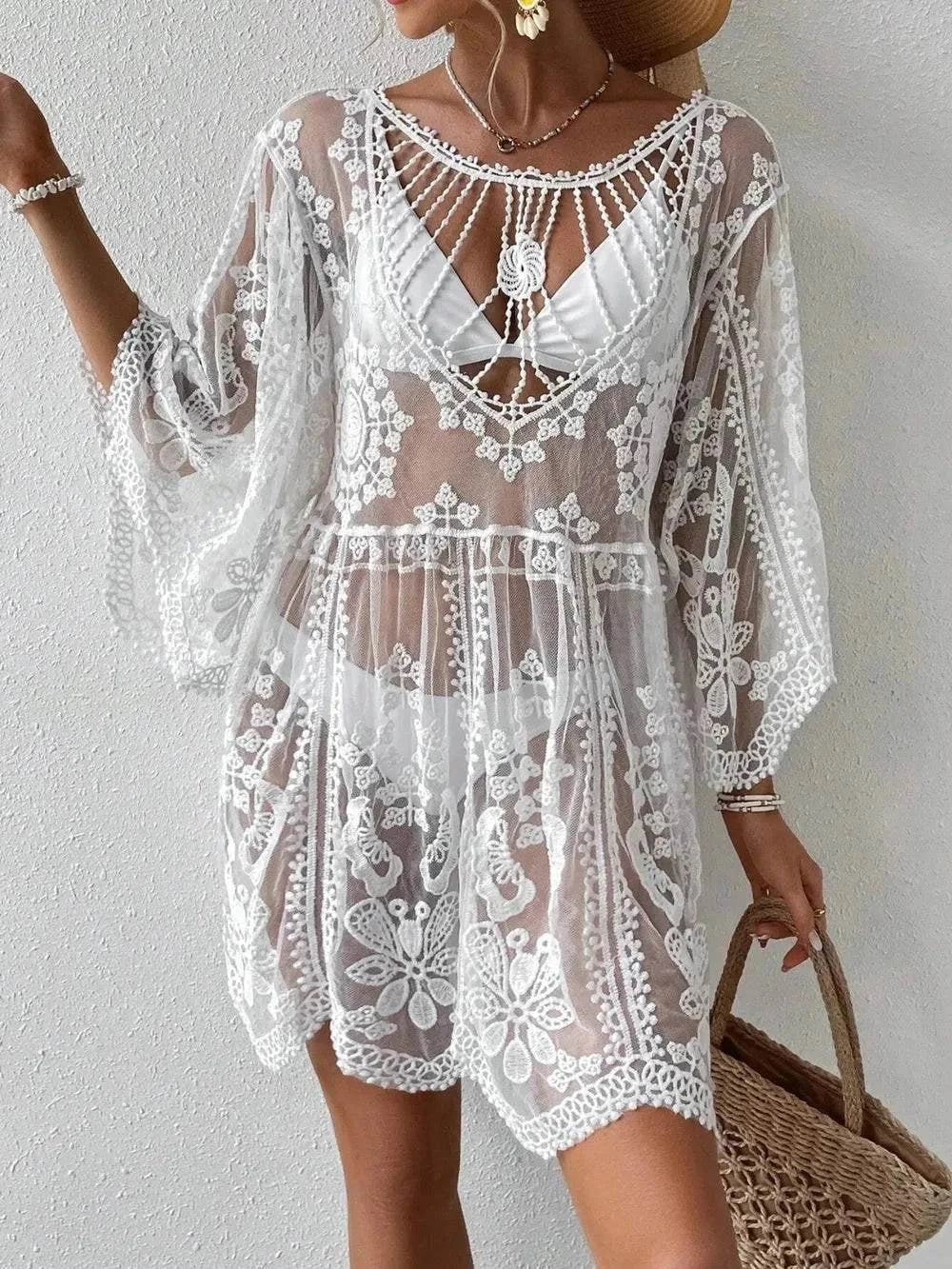 Lace Cover-Up: Elegant Round Neck Design.