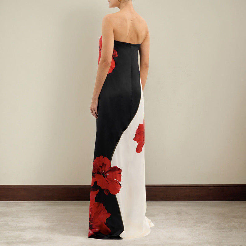 Contrast Color Tube Dress - Sleeveless Sexy Print Length Dress.