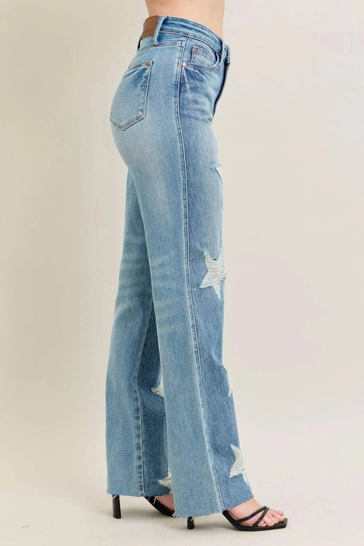 Judy Blue Plus Size 90's high waist straight jeans with star-shaped distressed details on rigid denim