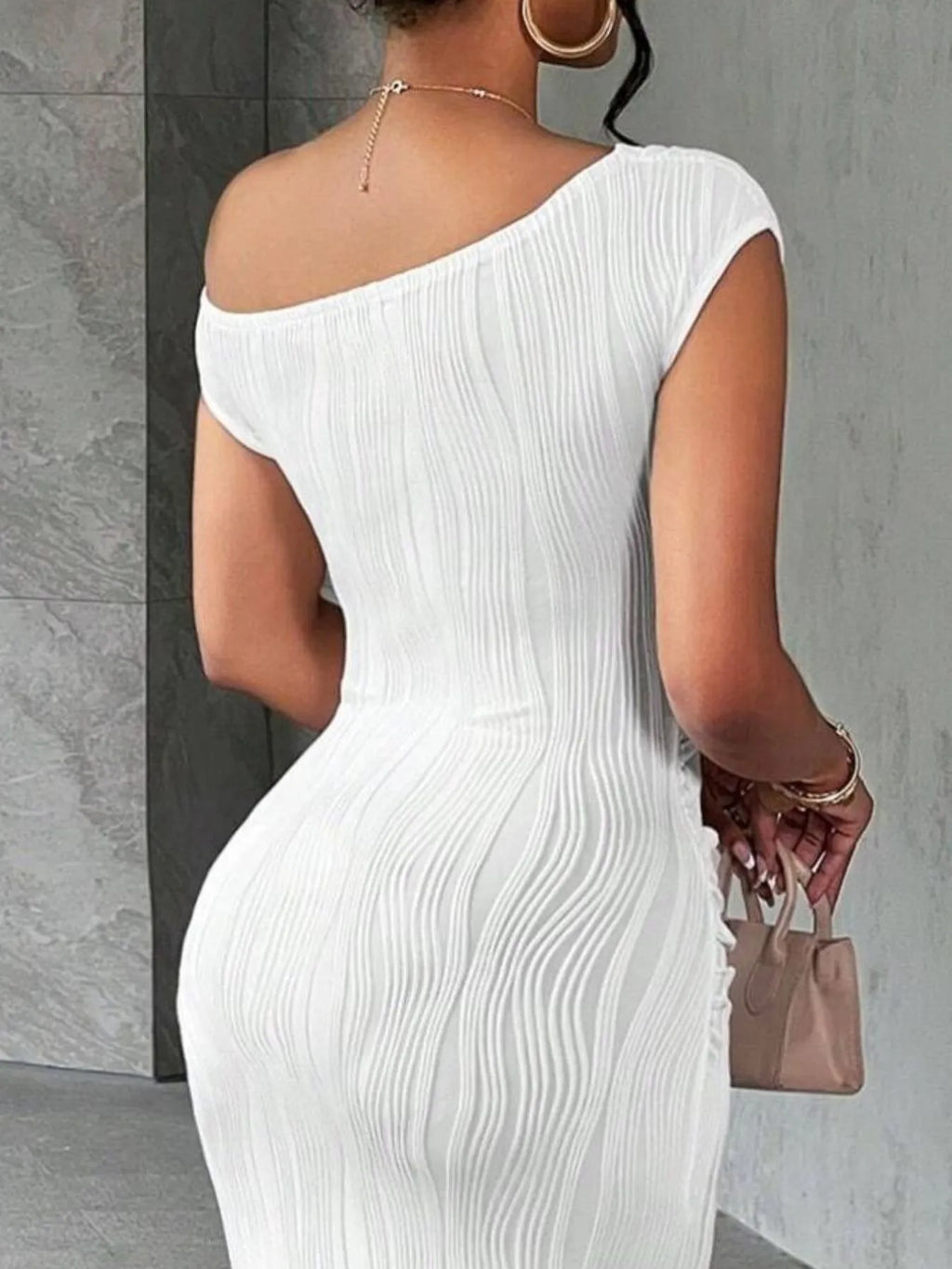 Textured Bodycon Maxi Dress with Single Shoulder Design.