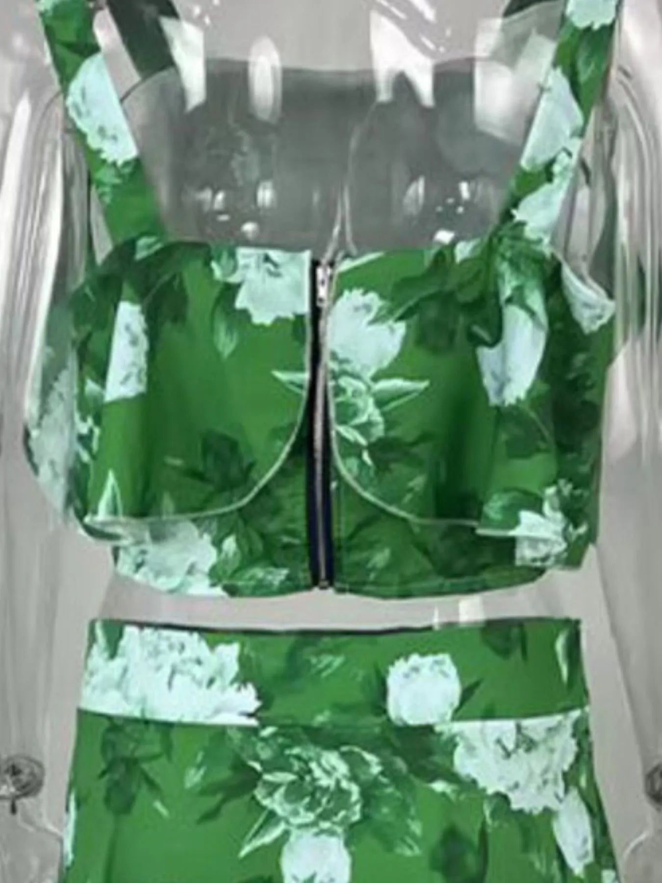 Plus size full size floral cami and layered skirt set with green and white floral print, tiered and ruffled design