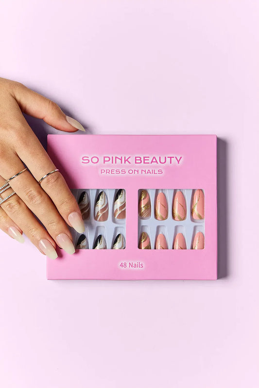 So Pink Beauty Press On Nails 48-piece set with two nail designs and glue in pink packaging