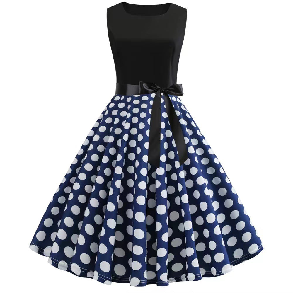 Retro Polka Dot Zip Dress - Sleeveless Crew Neck with Self-tie Detail.