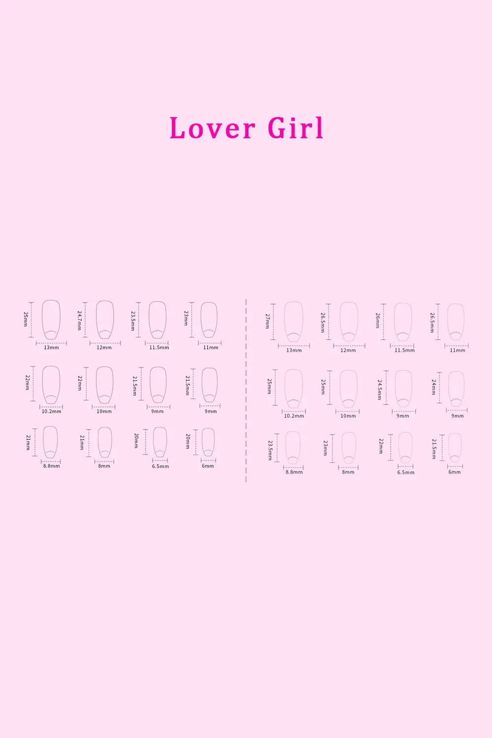 So Pink Beauty Press On Nails 2 Packs Lover Girl design nail size guide chart on pink background