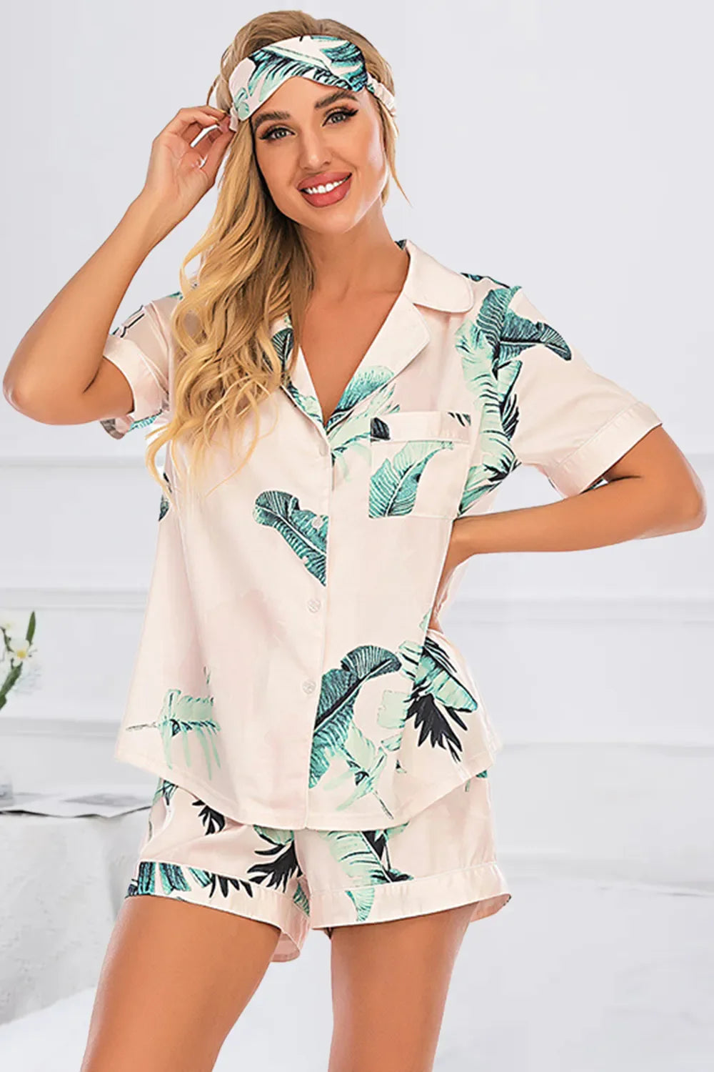 Printed button up short sleeve top and shorts lounge set with tropical leaf print and matching headband