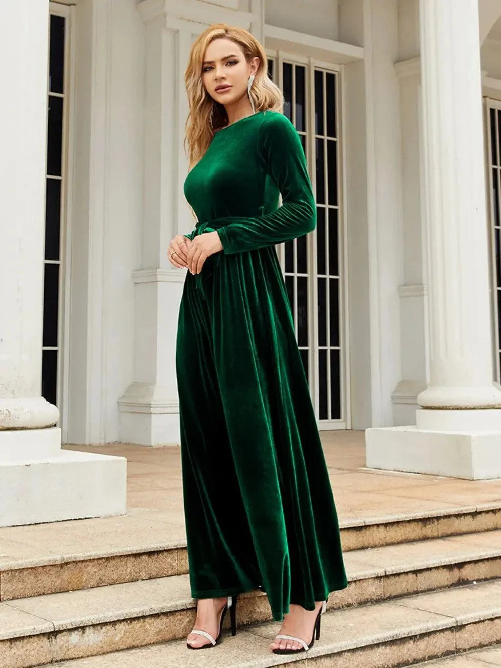 Elegant green tie front round neck long sleeve maxi dress