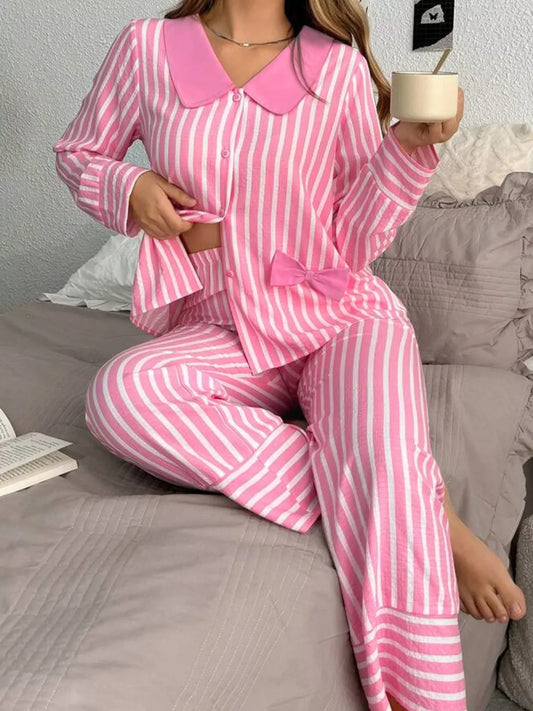 pink striped buttoned front long sleeve top and pants two-piece sleepwear set with bow detail