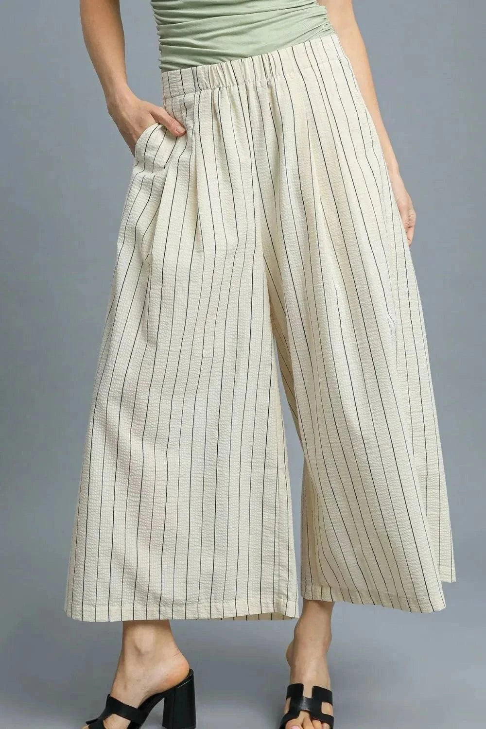Umgee High Waisted Wide Leg Striped Pants for Effortless Style and Comfort.