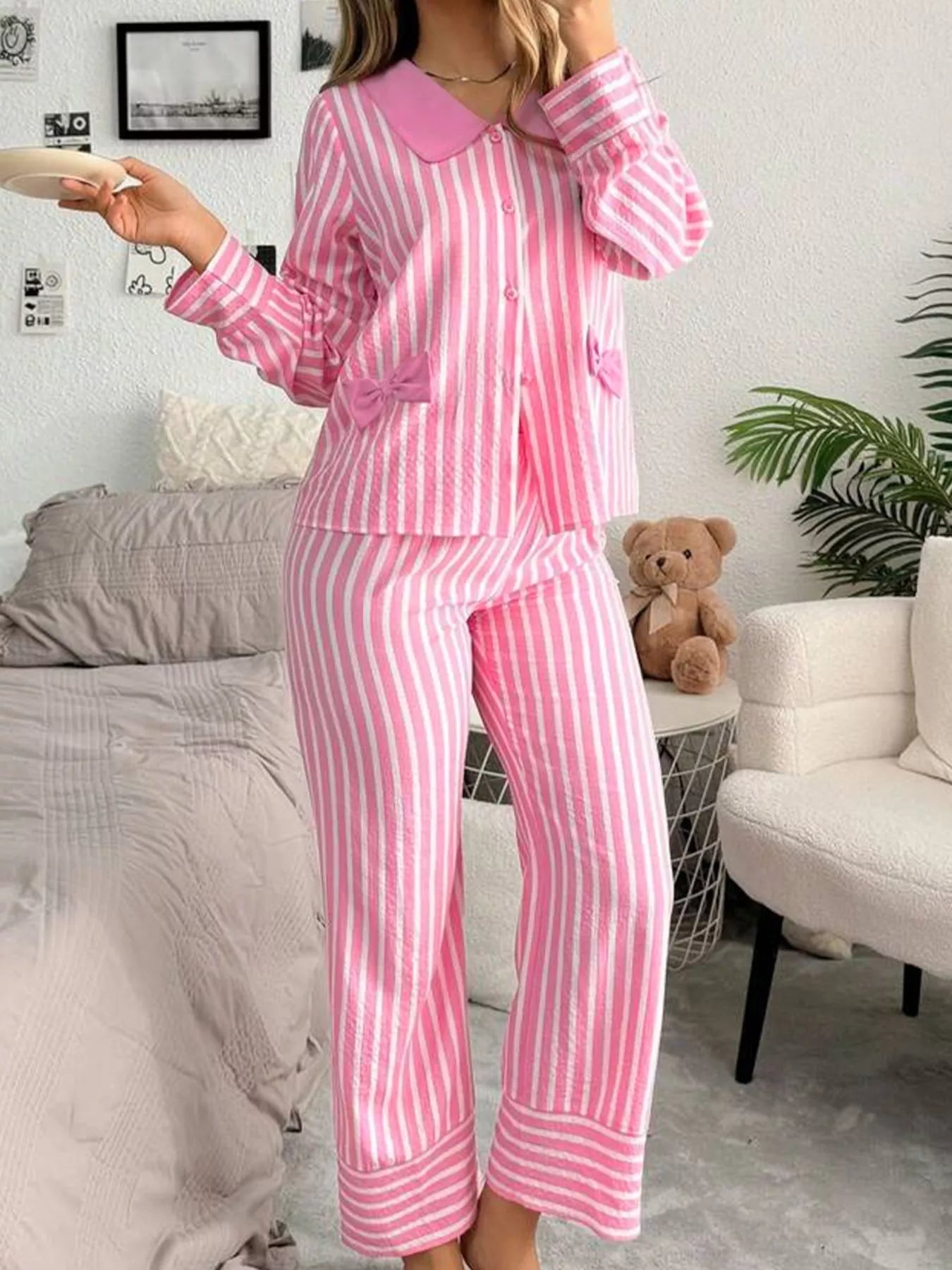 Pink and white stripe buttoned front long sleeve top and pants two-piece sleepwear set