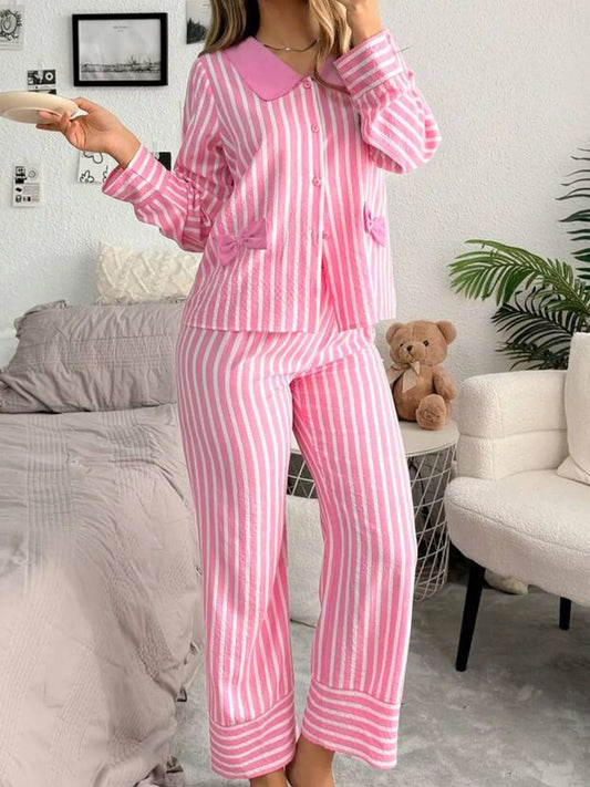 Pink and white stripe buttoned front long sleeve top and pants two-piece sleepwear set
