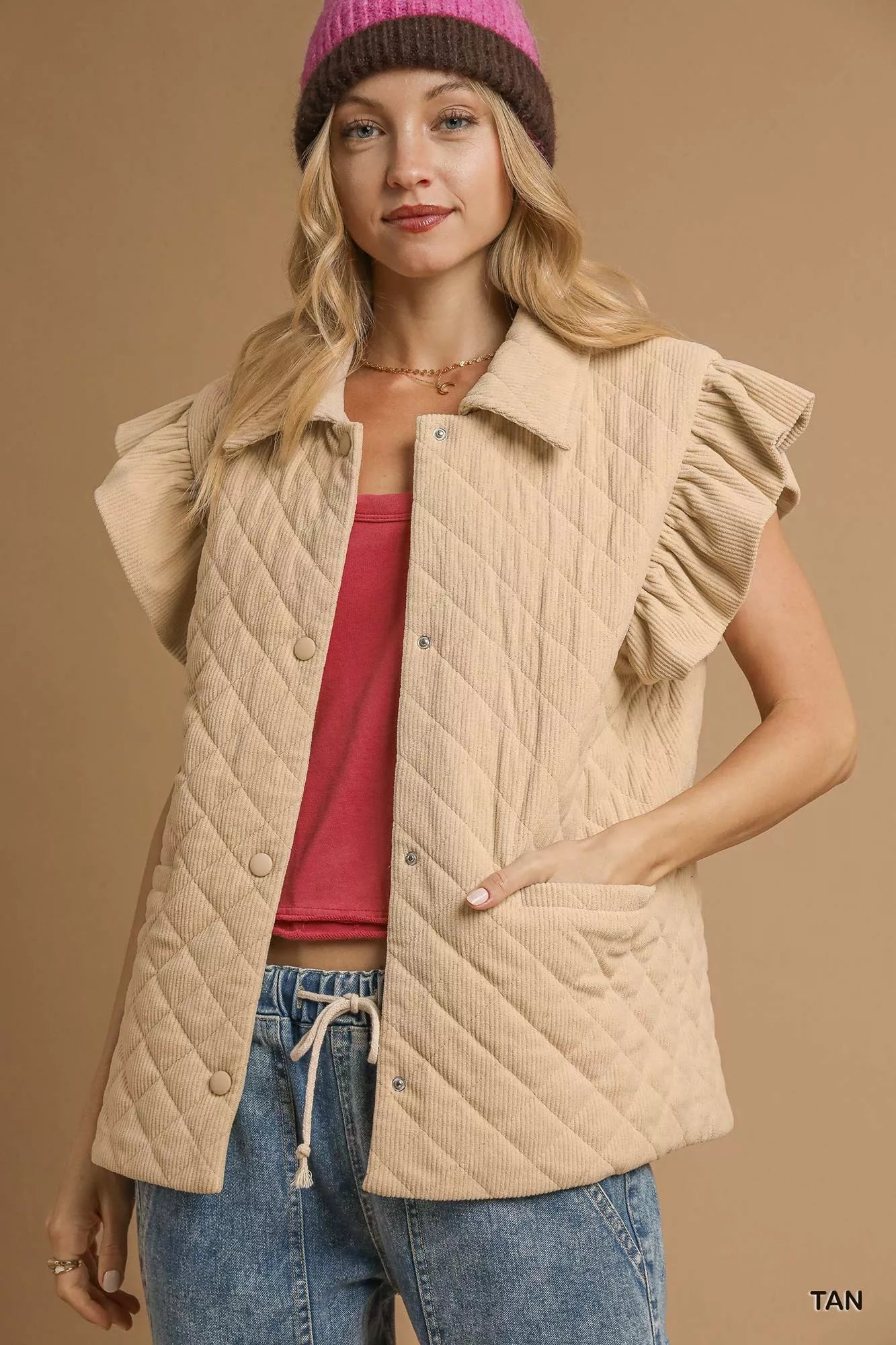 Umgee Corduroy Quilted ruffle sleeve vest in tan with snap buttons and side pockets