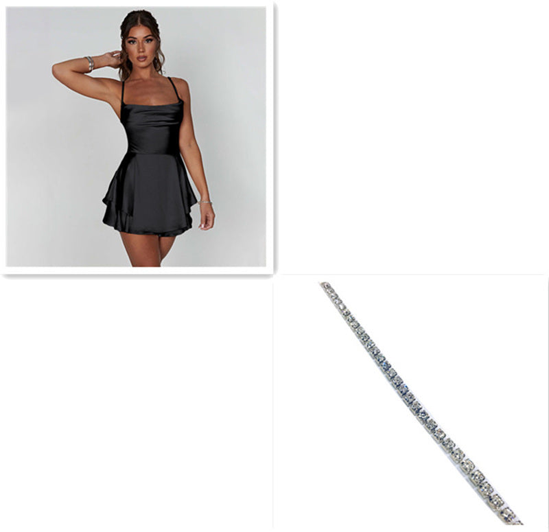 Sexy Suspender Skirt Elegant Satin Backless Lace Up A-Line Short Dress for Women.