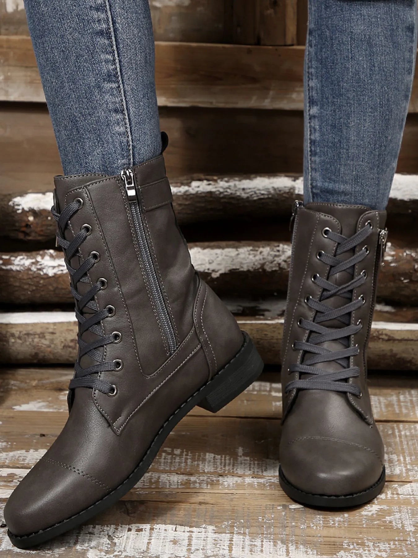 Lace Up Round Toe Boots.