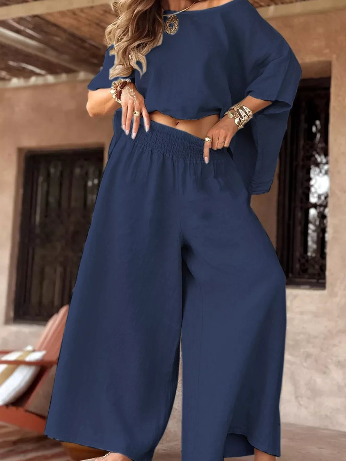 Full size boat neck top and wide leg pants set in navy blue for plus size women