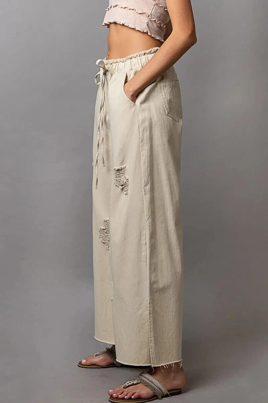 POL Distressed Drawstring Wide Leg Pants with Slit Detail - Redemption By Ashley North