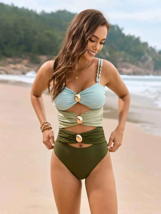 Color Block One-Piece Swimwear with Sweetheart Neck Design - Redemption By Ashley North