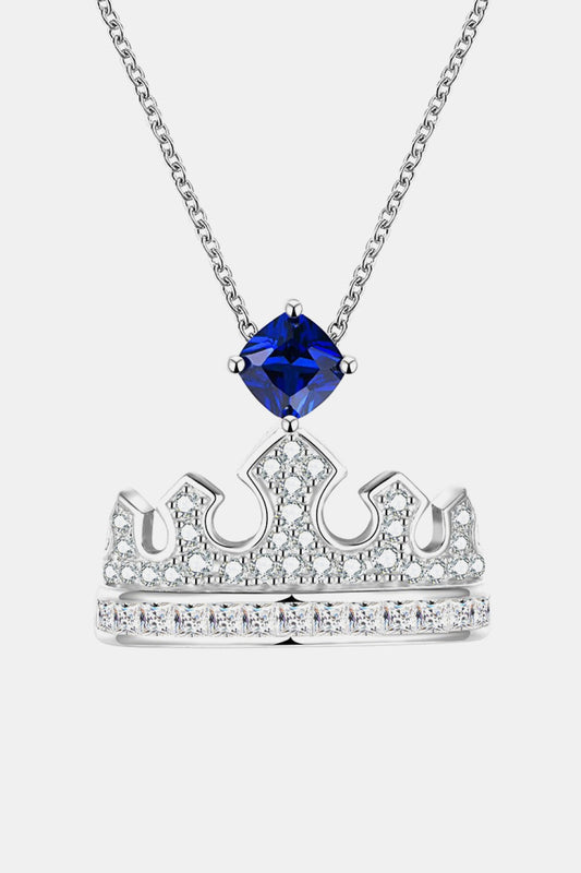 Lab-grown sapphire crown pendant necklace in 925 sterling silver with zircon accents and platinum plating