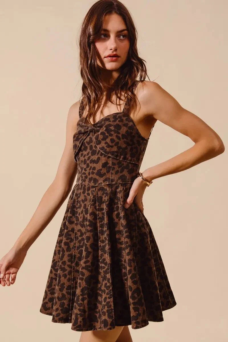 SO ME Mineral Washed Leopard Flare Cami Dress with leopard print and flared skirt on model