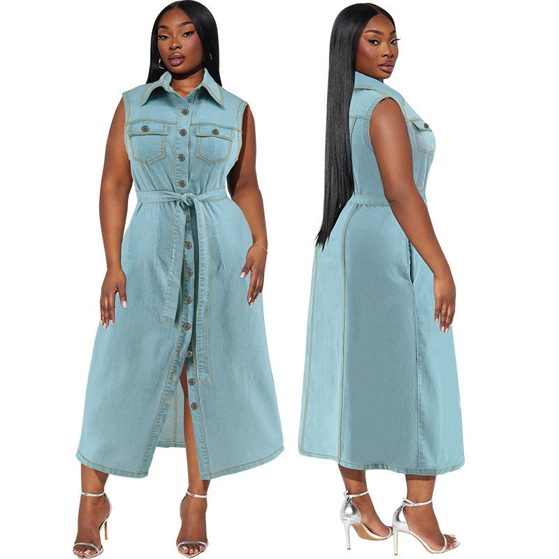 Plus Size Denim Dress - Women's Sleeveless Lace-up Long Dress with Lapel.