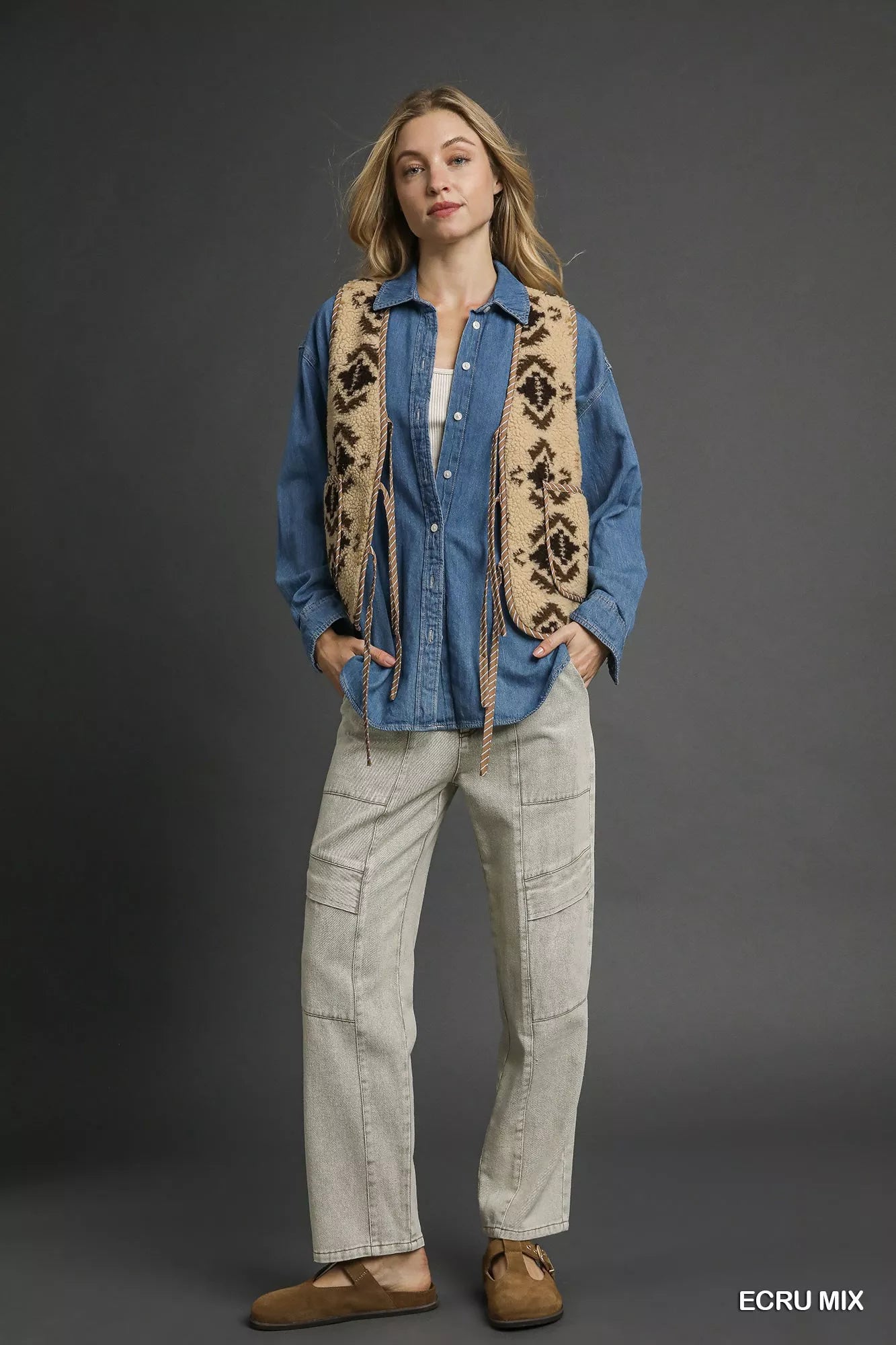 Umgee Mix Patterned Sherpa Tie-Front Vest.