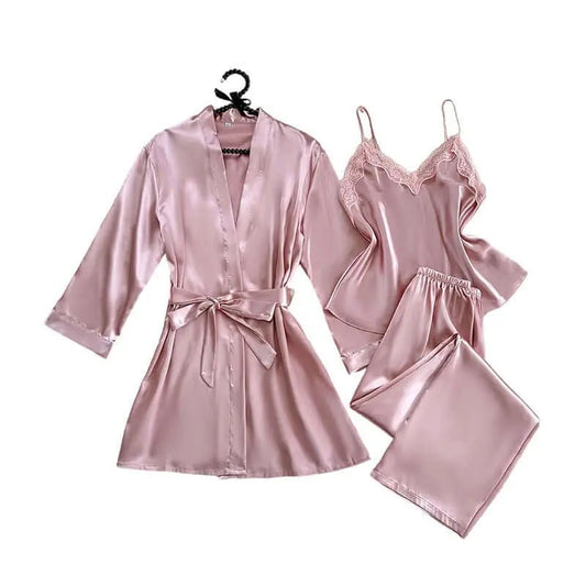 3-piece Pajama Set Autumn Winter Faux-silk Night Gown Bathrobe Sexy Ice-silk Camisole Pajama Redemption By Ashley North