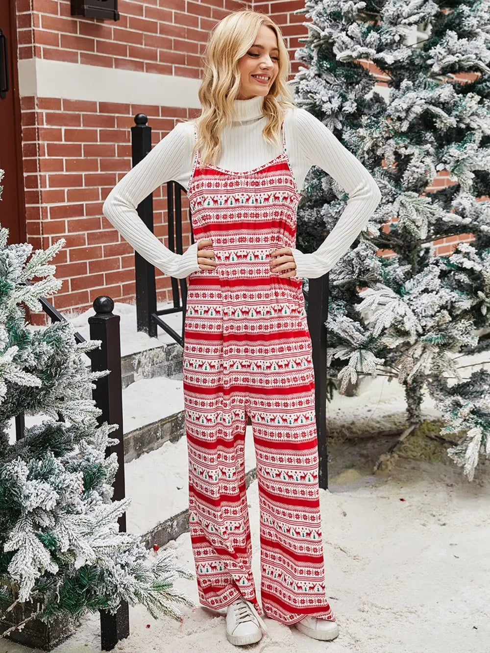 Shiny Christmas Color Contrast Wide-Legged Jumpsuit.