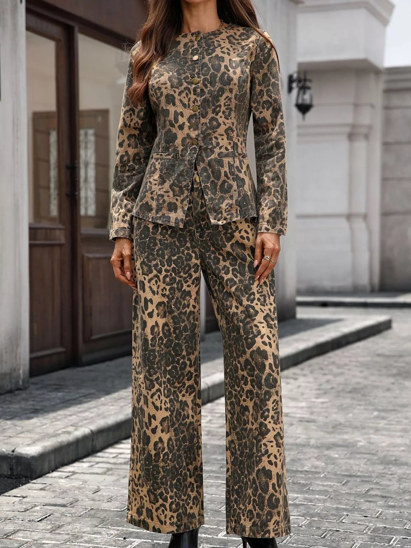Button up long sleeve top and jeans denim set in leopard print with pockets and slight stretch, worn outdoors