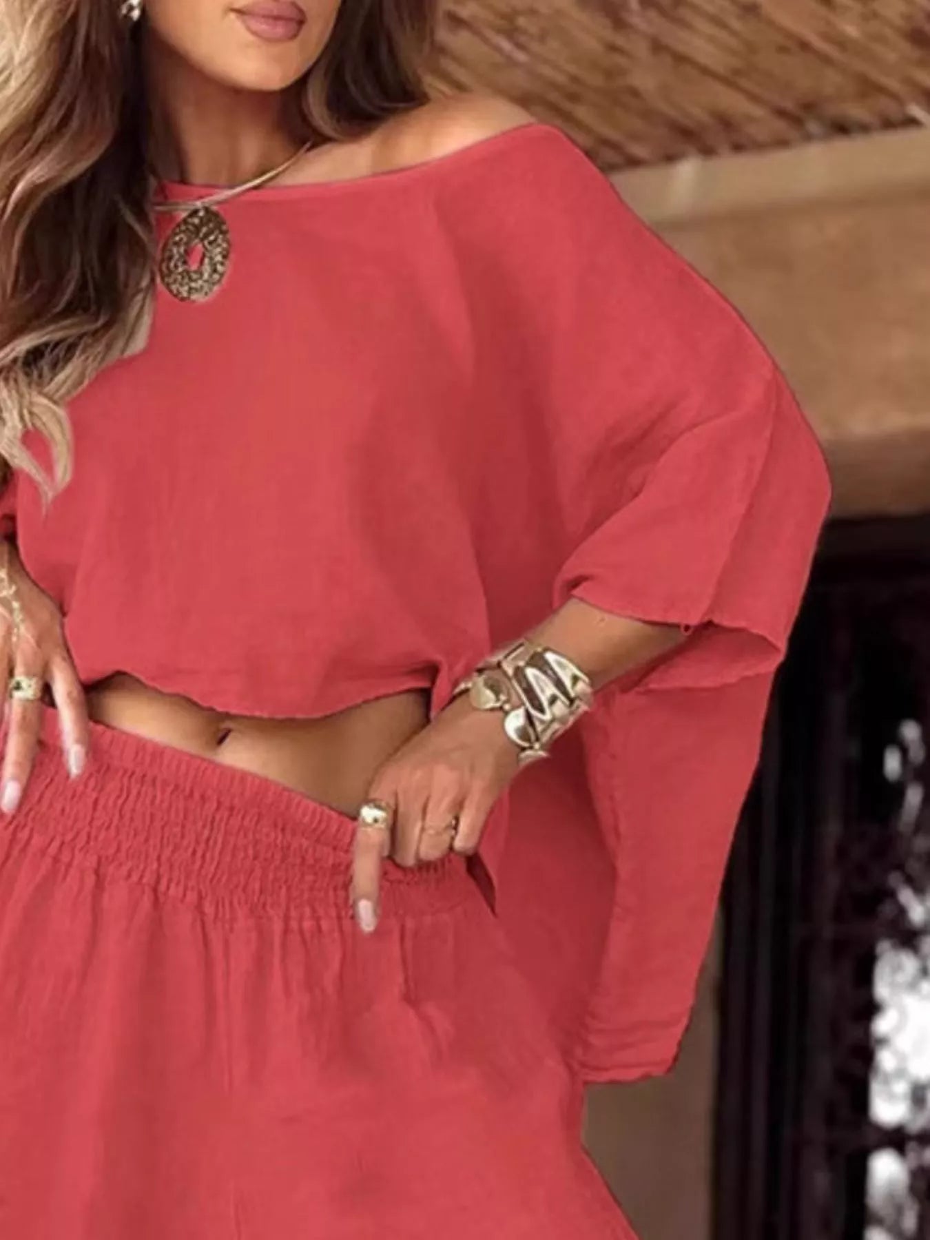 Plus size full size boat neck top and wide leg pants two-piece set in red polyester blend