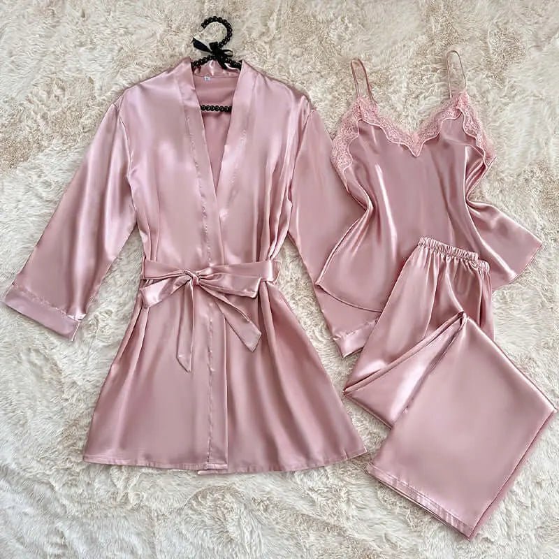 3-piece Pajama Set Autumn Winter Faux-silk Night Gown Bathrobe Sexy Ice-silk Camisole Pajama Redemption By Ashley North