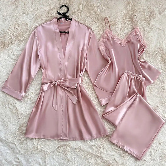 3-piece Pajama Set Autumn Winter Faux-silk Night Gown Bathrobe Sexy Ice-silk Camisole Pajama Redemption By Ashley North