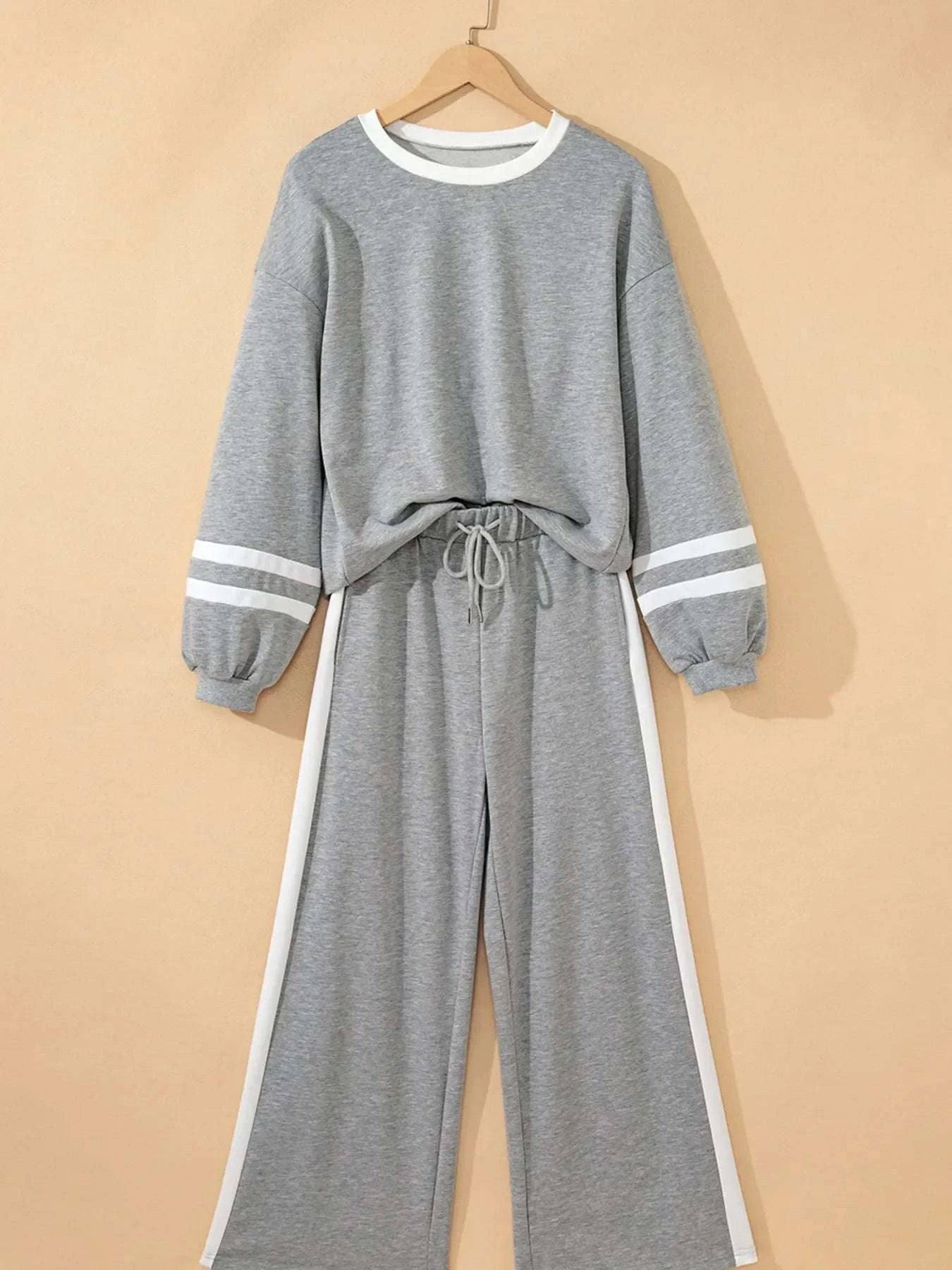Gray Contrast Trim Round Neck Top and Pants Set with Drawstring and White Stripe Details