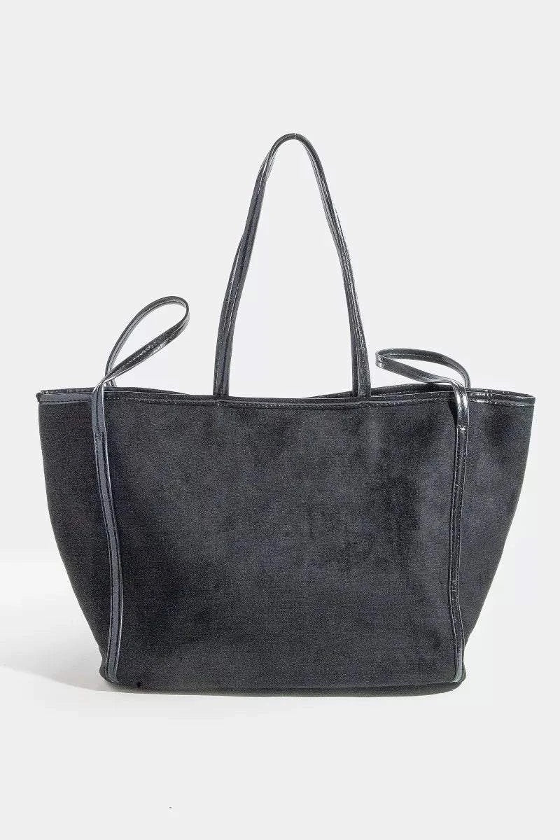Large Fame Suede Tote with faux leather trim and shoulder strap in black