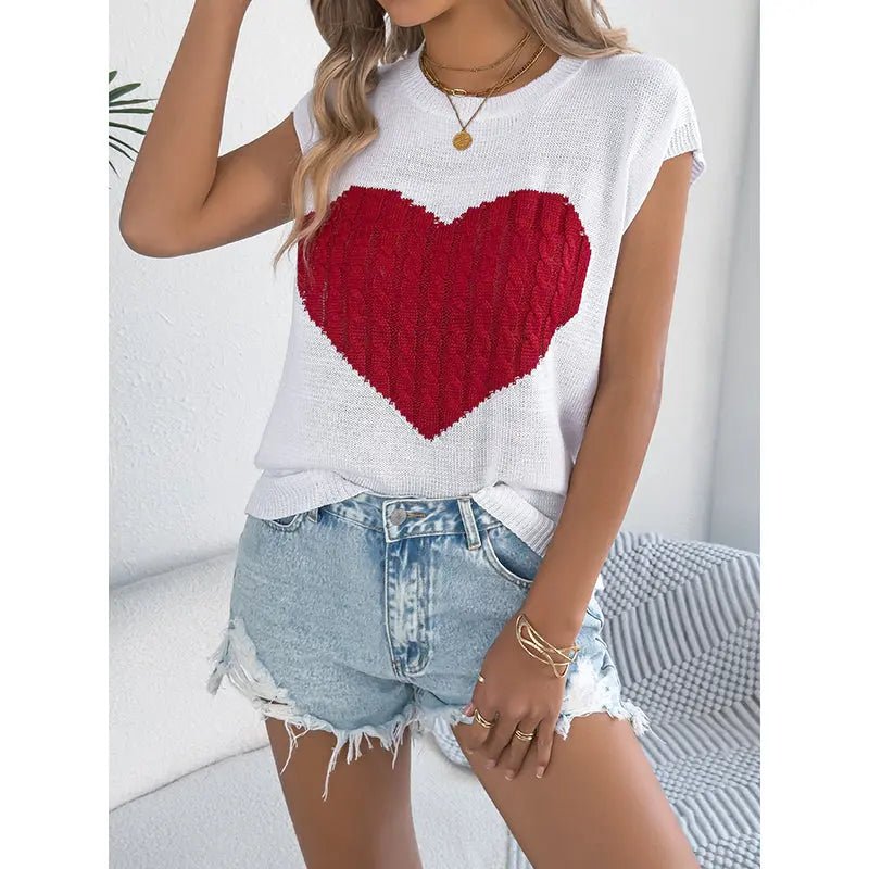 Women's Heart Color Block Knit Top - Casual Sleeveless Valentine Shirt D'Alina Confecções Store