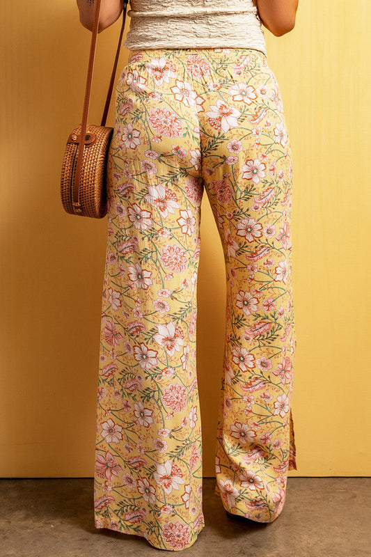 Floral Wide Leg Pants with Slit Design for Effortless Style.