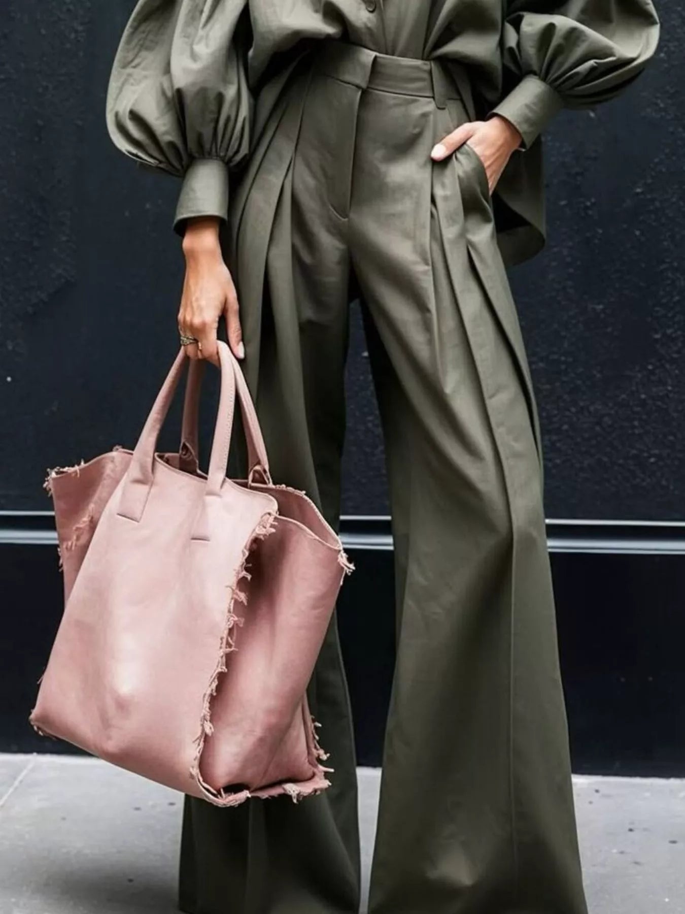 Women's olive green lantern sleeve shirt and wide leg pants set with side pockets and pink tote bag