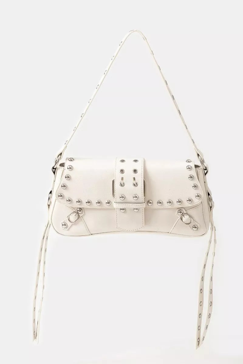 Fame Glossy Faux Leather Rivet Trim Shoulder Bag.