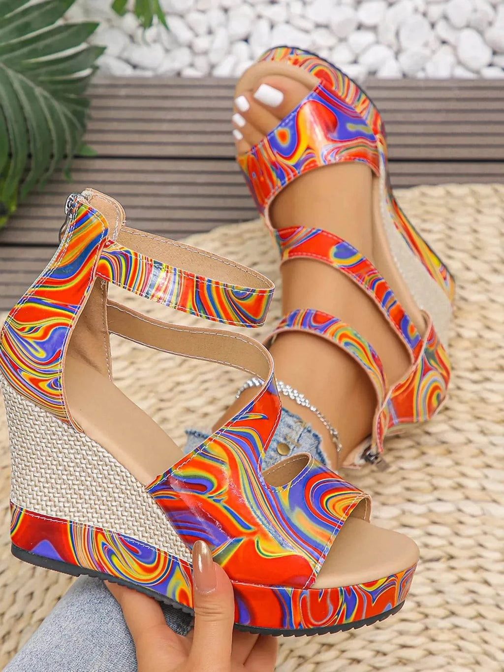 Rainbow Swirl Wedge Sandals - Stylish Platform Sandals.
