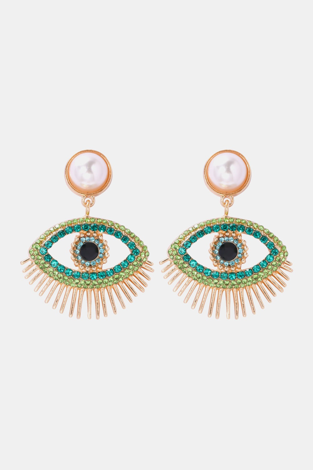 Evil eye shaped rhinestone dangle earrings with synthetic pearl and zinc alloy accents