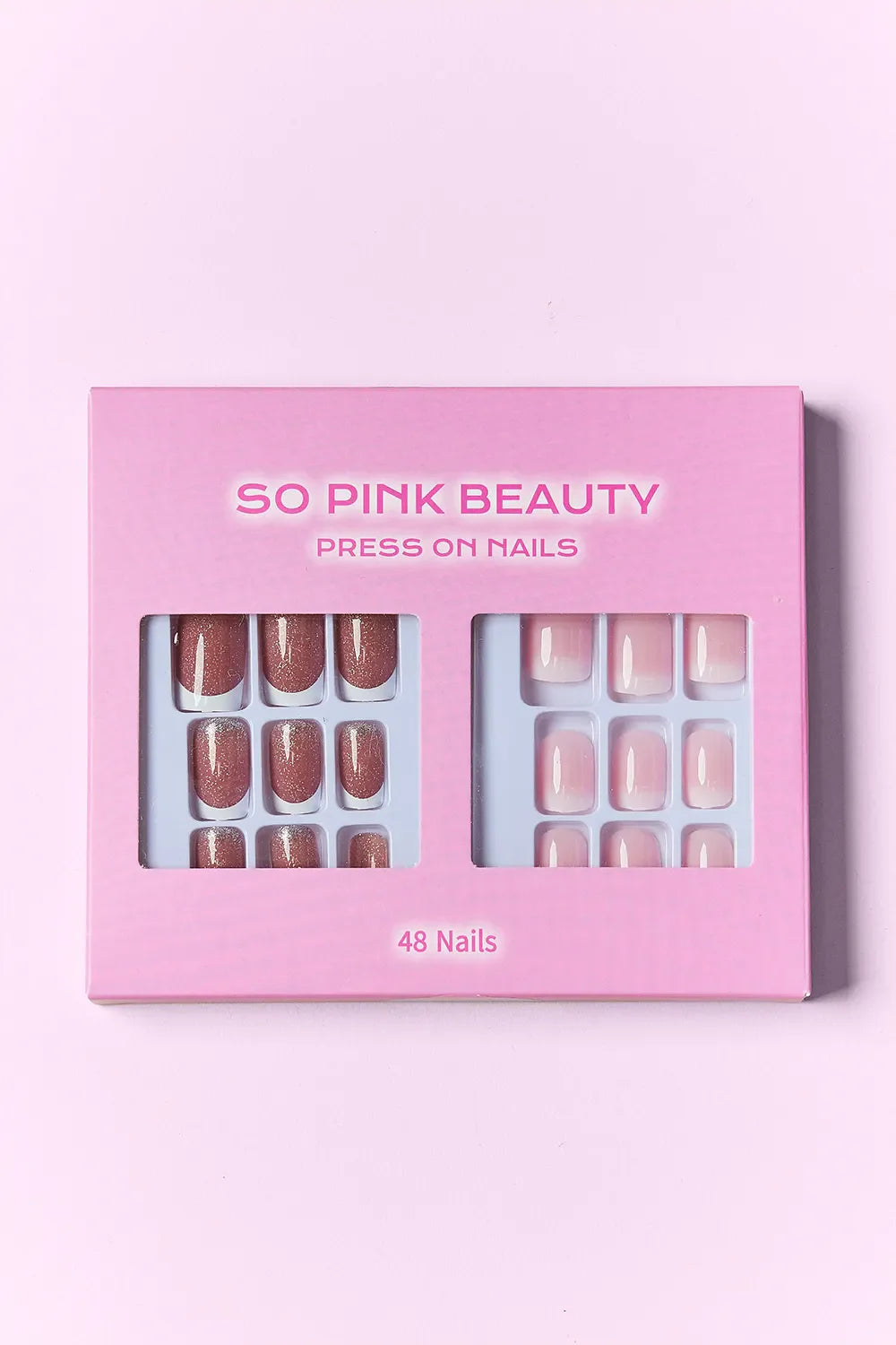 So Pink Beauty Press On Nails two pack with 48 pieces, featuring two distinct nail designs and included glue for easy application