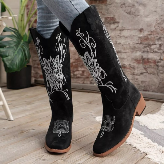 Embroidered Block Heels Boots.