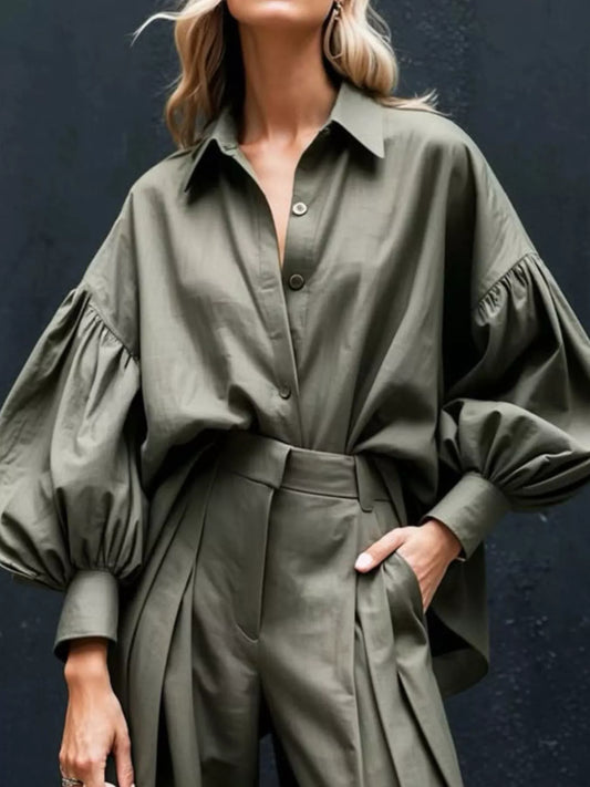 Olive green lantern sleeve shirt with wide leg pants two-piece set with pockets