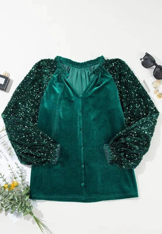 Emerald green sequin notched long sleeve blouse with velvet body and sparkly sleeves