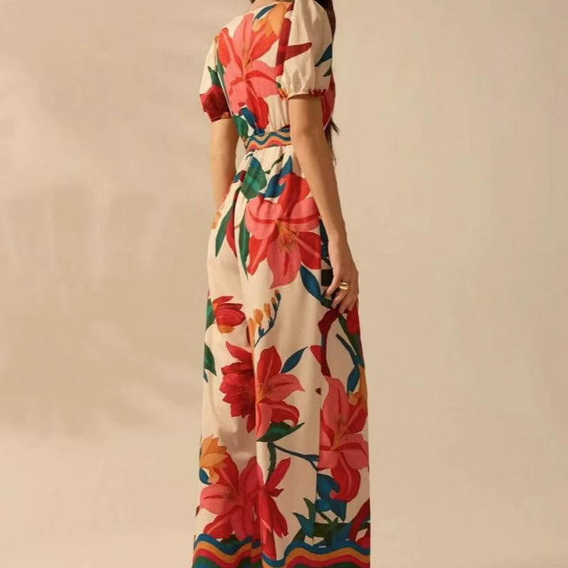 Women's Wide-leg Jumpsuit with Deep V-neck and Printed Fashion Design.